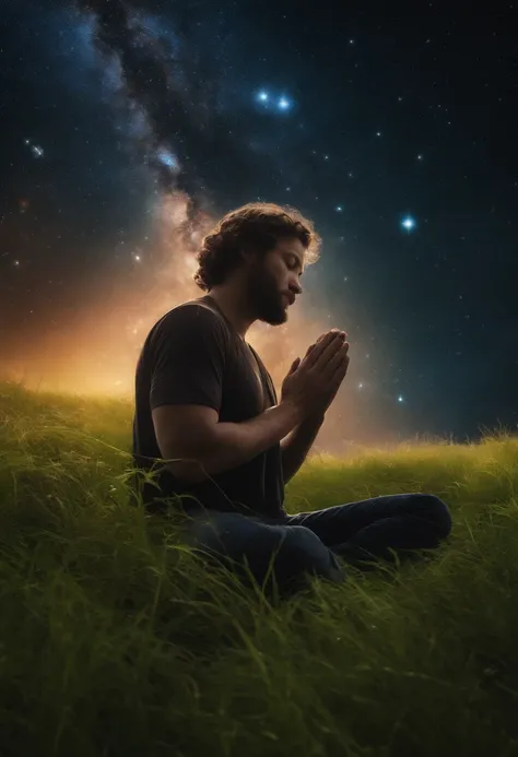 A person in prayer and in tune with God in the grass and with the sky full of galaxies image in 4k and realistic