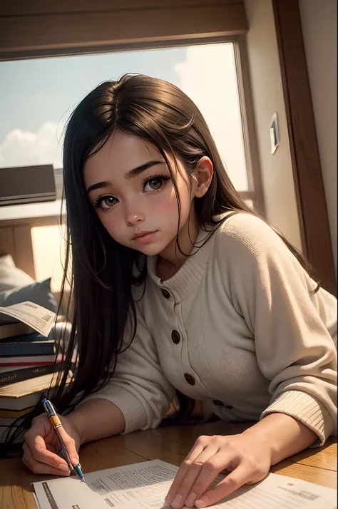 Nesta imagem encantadora de 2048x1080 pixels, A pretty girl is depicted with anime traits, immersed in her studies while sitting at her desk. Shes focused on her computer, with open books and notes scattered around you. The setting of your room is cozy and...