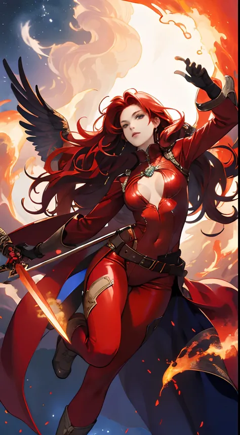 a cool，20th generation female，long red wavy hair，Red leather，body suit，gloves，Mystical decoration，a belt，breastsout，up chest，realistic illustration，loimu，Big Flaming Wings，Cover the sky，Fantastic decoration，full body Esbian，look up sky，Reach for the sky，It...