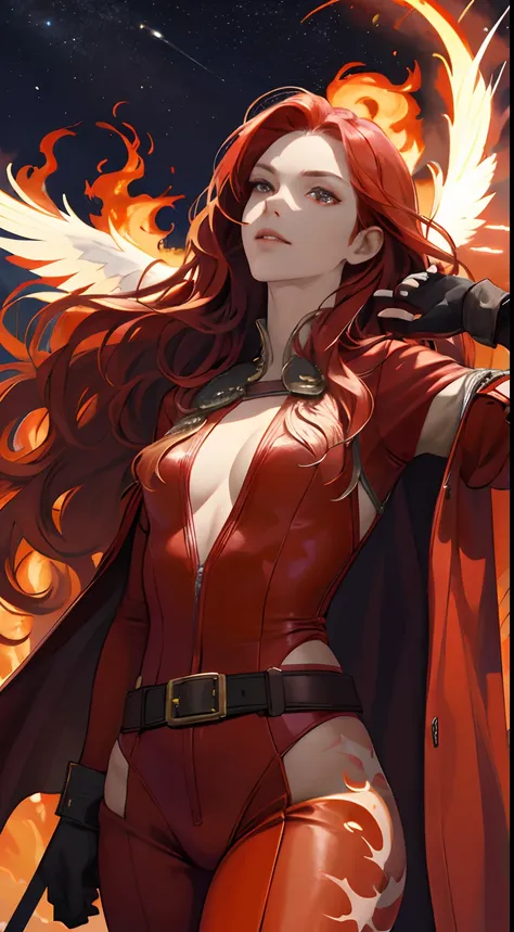 a cool，20th generation female，long red wavy hair，Red leather，body suit，gloves，Mystical decoration，a belt，breastsout，up chest，realistic illustration，loimu，Big Flaming Wings，multiple wings，angelicales，Cover the sky，Wings of Flame，Fantastic decoration，full bo...