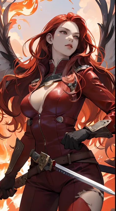 a cool，20th generation female，long red wavy hair，Red leather，body suit，gloves，Mystical decoration，a belt，breastsout，up chest，realistic illustration，loimu，Big Flaming Wings，multiple wings，angelicales，Cover the sky，Wings of Flame，Fantastic decoration，full bo...