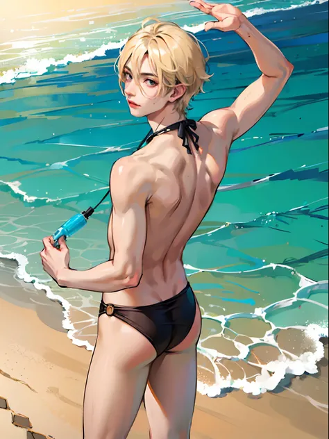 1boy,11 only、(Mans :2),(bobhair:1.5)、a blond、barechested、swim wears、Rear view、starrysky、sand beach、hightquality、masutepiece,8K,