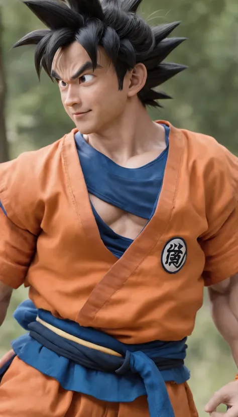 ((goku)),masterpiece, (((realistic, 8k, best quality))),realistic, asian male, smile, gi, orange gi,  dark blue short-sleeved undershirt,grin