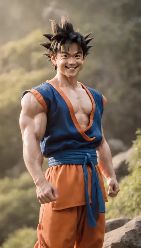 ((goku)),masterpiece, (((realistic, 8k, best quality))),realistic, asian male, smile, gi, orange gi,  dark blue short-sleeved undershirt,grin