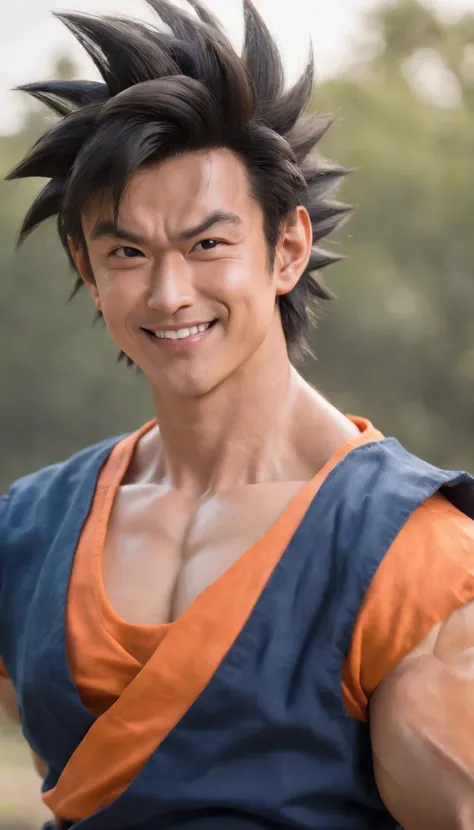 ((goku)),masterpiece, (((realistic, 8k, best quality))),realistic, asian male, smile, gi, orange gi,  dark blue short-sleeved undershirt,grin