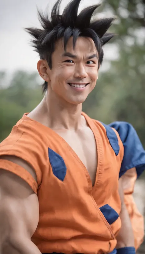 ((goku)),masterpiece, (((realistic, 8k, best quality))),realistic, asian male, smile, gi, orange gi,  dark blue short-sleeved undershirt,grin