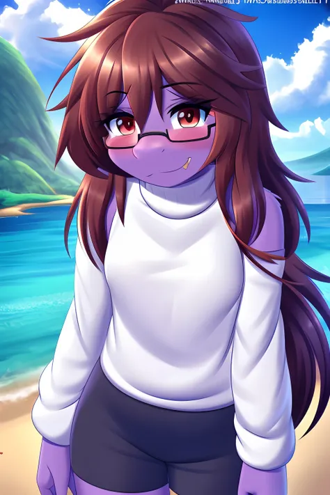 Susie from Deltarune, solo, ((professional art made by twistedscarlett60)), purple body, fangs, brown hair, messy hair, smile, blush, glasses, ((white turtleneck:1.0)), ((black shorts:0.9)), long sleeves, puffy sleeves, cloud island