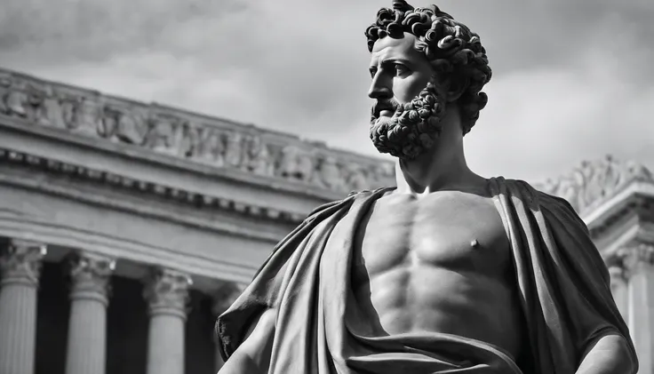 a statue of the stoic Marcus Aurelius in black and white 4K,Face de lado, papel de parede super realista, corpo forte, sem camisa, tronco forte, barriga forte