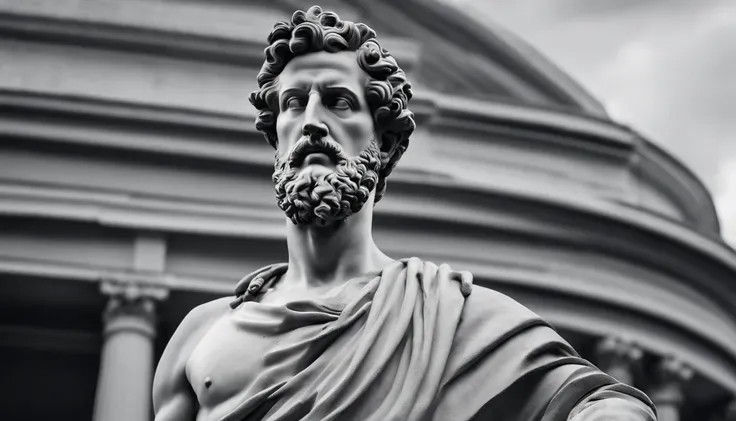 a statue of the stoic Marcus Aurelius in black and white 4K,Face de lado, papel de parede super realista, corpo forte, sem camisa, tronco forte, barriga forte