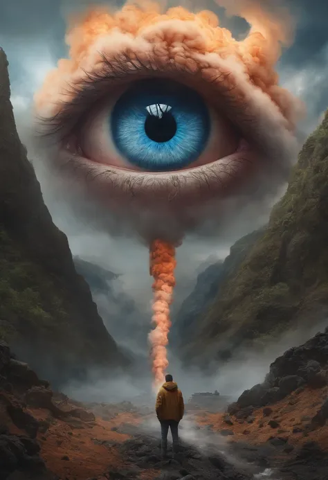 eye in the middle of a cloud of volcano smoke, Volcano erupting with eye on top, tons de azul, arte digital inspirada em Cyril Rolando, surrealismo, Portrait of a giant eye in the smoke of a volcano, mystic eye, nuvem de fumo com um olho, surrealismo