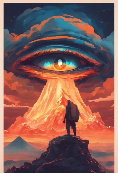 eye in the middle of a cloud of volcano smoke, Volcano erupting with eye on top, tons de azul, arte digital inspirada em Cyril Rolando, surrealismo, Portrait of a giant eye in the smoke of a volcano, mystic eye, nuvem de fumo com um olho, surrealismo