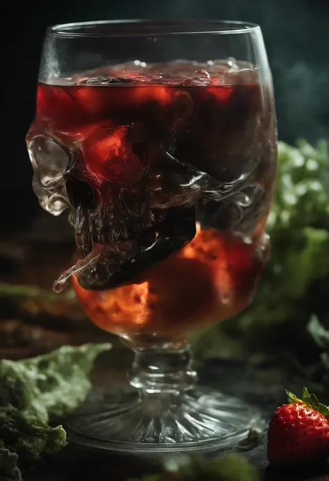 A dark and eerie scene, with a terrifying and sinister fine crystal glass full of rotten chaos juice. Lots of smoke behind. With steaming bubbles. rotten and slimy strawberries, with many disgusting and disgusting larvae and very moldy.The skeleton of a fi...