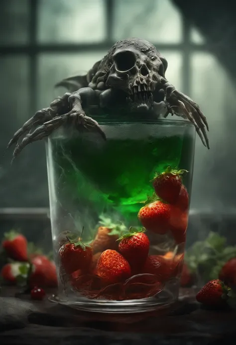 A dark and eerie scene, with a terrifying and sinister fine crystal glass full of rotten chaos juice. Lots of smoke behind. With steaming bubbles. rotten and slimy strawberries, with many disgusting and disgusting larvae and very moldy.The skeleton of a fi...