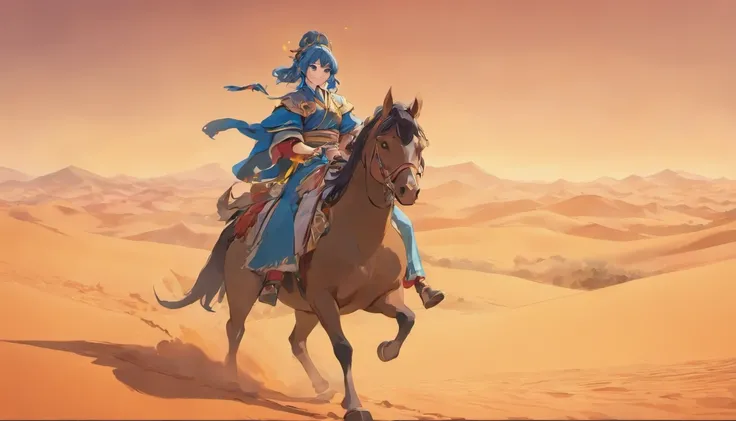 A desert，Chinese Ancient Times，Mature male，Sand，ride horse，Turn Back，k hd，quadratic element