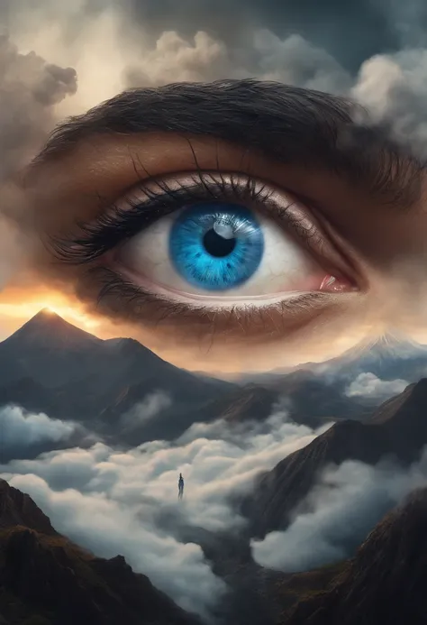 eye in the middle of a cloud of volcano smoke, Volcano erupting with eye on top, tons de azul, arte digital inspirada em Cyril Rolando, surrealismo, Portrait of a giant eye in the smoke of a volcano, mystic eye, nuvem de fumo com um olho, surrealismo