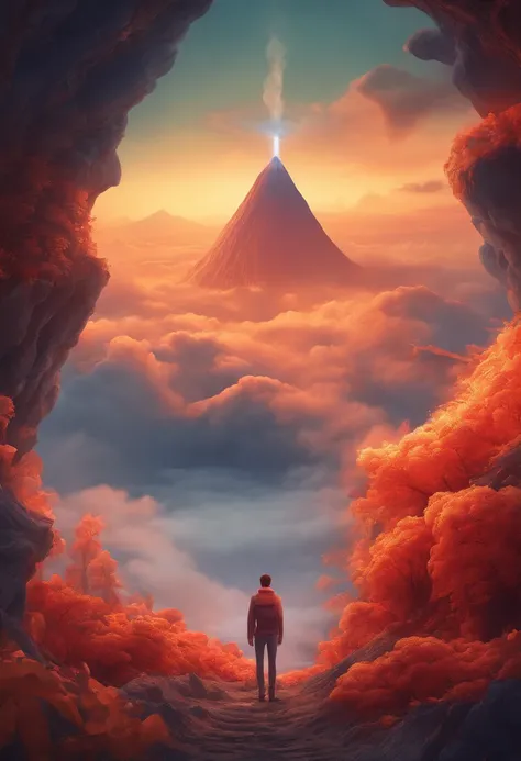 eye in the middle of a cloud of volcano smoke, Volcano erupting with eye on top, tons de azul, arte digital inspirada em Cyril Rolando, surrealismo, Portrait of a giant eye in the smoke of a volcano, mystic eye, nuvem de fumo com um olho, surrealismo