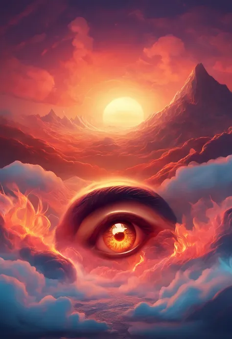 eye in the middle of a cloud of volcano smoke, Volcano erupting with eye on top, tons de azul, arte digital inspirada em Cyril Rolando, surrealismo, Portrait of a giant eye in the smoke of a volcano, mystic eye, nuvem de fumo com um olho, surrealismo