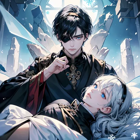 Cover for a fantasy book. Anime realism. cold colors. tmasterpiece, super detaill, Crystal Eyes. 1 person with a blindfold on his left eye lies on snowy ground and looks straight at the sky, Snowflakes fall on his hair, black short hair, without one arm in...