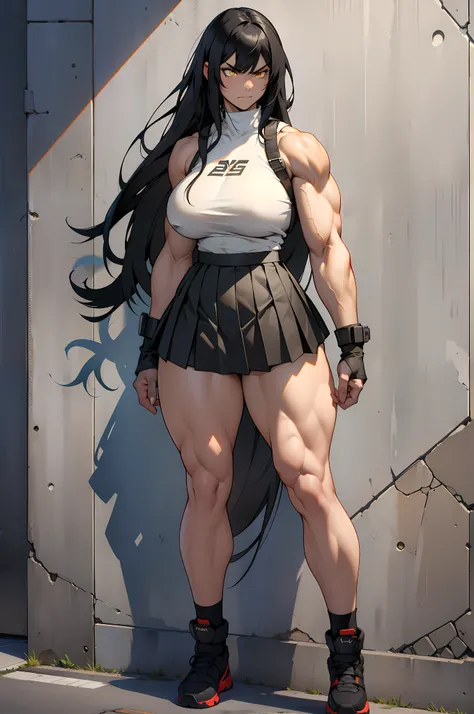 solo, (((1 girl))), very long hair, black hair, angry, yellow eyes, ((((muscular)))), ((huge tits)), ((thick thighs)), ((wide hips)), (full body), (skirt), standing, concrete wall, against wall