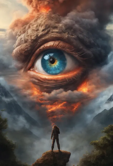 eye in the middle of a cloud of volcano smoke, Volcano erupting with eye on top, tons de azul, arte digital inspirada em Cyril Rolando, surrealismo, Portrait of a giant eye in the smoke of a volcano, mystic eye, nuvem de fumo com um olho, surrealismo