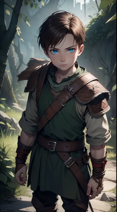 young boy, Atreus (God of War), brown hair, Cyan eyes, Hunters clothes, Viking, Masterpiece, hiquality, high detail, HD, 4k