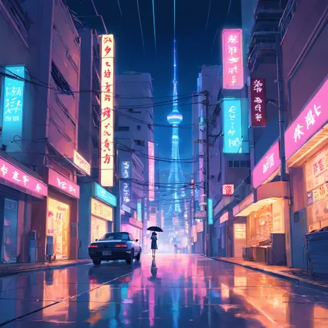 Neotokio Style Night Art, Neon-filled buildings and streets, Signs and reflections on the floor, cyber punk style , Flying car and umbrella