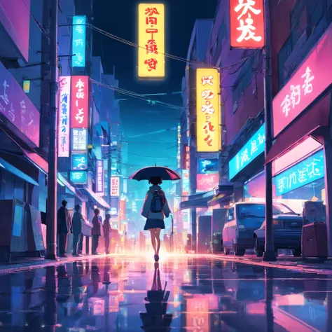 Neotokio Style Night Art, Neon-filled buildings and streets, Signs and reflections on the floor, cyber punk style , Flying car and umbrella