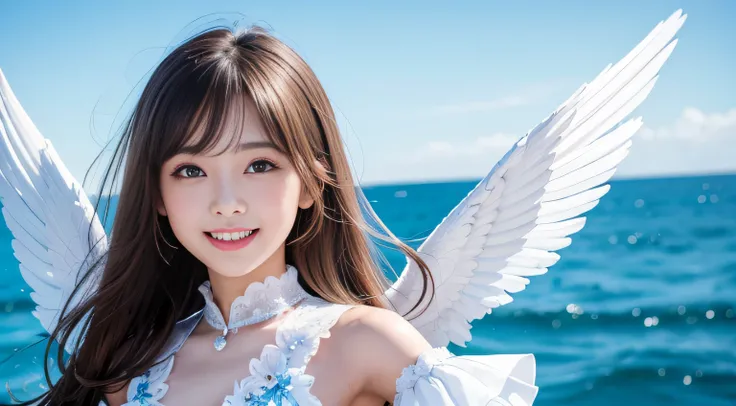 I want to imagine a cute angel girl flapping white wings in the blue sky, A detailed eye,Capture with high quality, Realistic, and detailed photos. Angel Girl、You should be radiating happiness with a smile as you soar through the sky. The focus should be s...