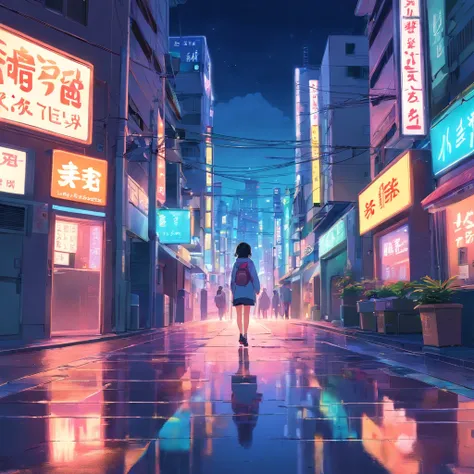 Night art in neotokio style, Neon-filled buildings and streets, Signs and reflections on the floor, cyber punk style ,