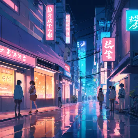 Night art in neotokio style, Neon-filled buildings and streets, Signs and reflections on the floor, cyber punk style ,