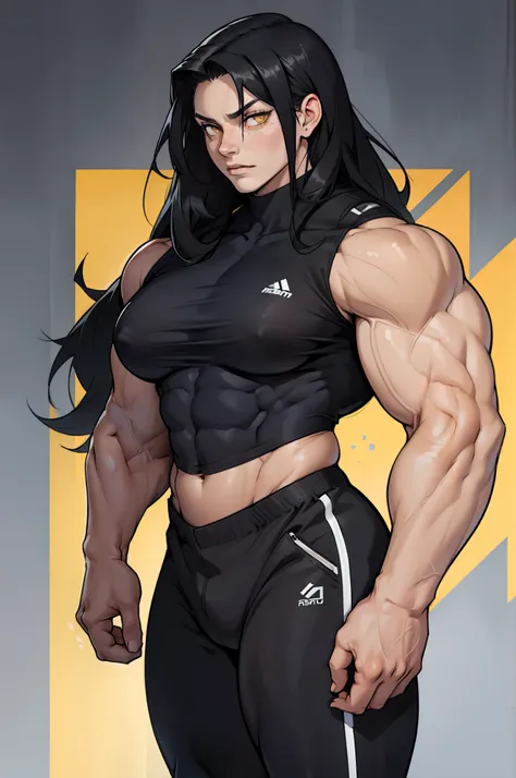 (((((((1 girl))))))), black hair, yellow eyes, very long hair, ((((((muscular)))))), tall, pale skin, (solo), (seductive expression), tight clothes