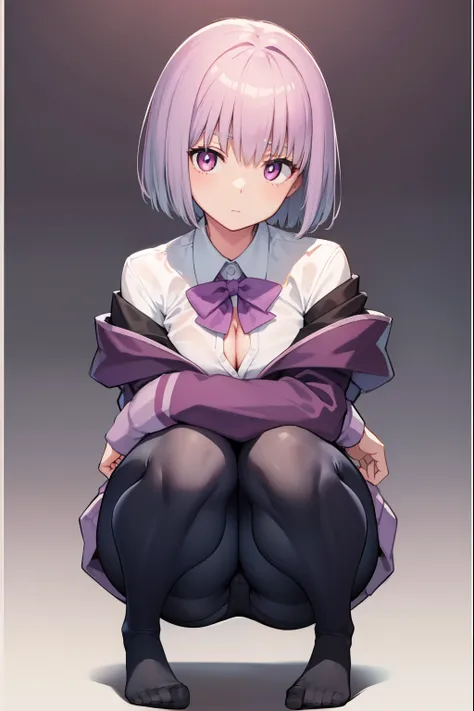 Akane New Town, Akane Shinjo, Light purple hair, (Pink eyes:1.2), Short hair,
Break black pantyhose, bow, Collared shirt, Hood, jaqueta com capuz, Jacket, Open clothes, Open jacket, Open shirt, Pantyhose, Purple bow, purple jacket, school uniform, shirt, s...