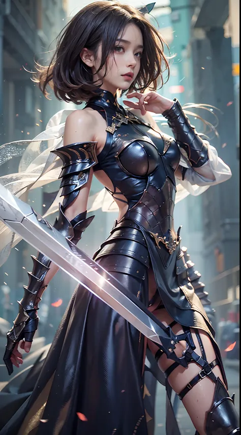 (NSFW), 1womanl, Solo, 24 year old, 7headed body, (cute  face), (Ideal ratio body proportions), long , Fantasia, Magic Effects, ((armored dress)), holding a greatsword, Sexy body, heavy wind, The costume is sheer, Wet, short-hair, Dark hair, small tits, A ...