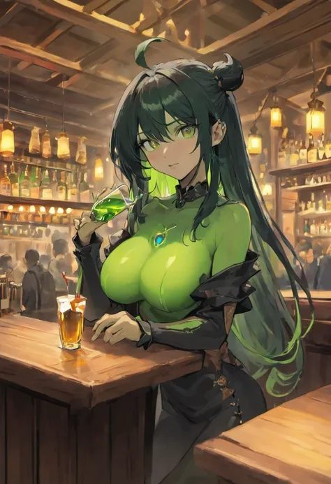 Masterpiece beautiful orc woman, Green skin, black long hair, tusks, drinking at a bar, wearing blacksmithing clothes. very strong. fantasy world, fantasy tavern pretty