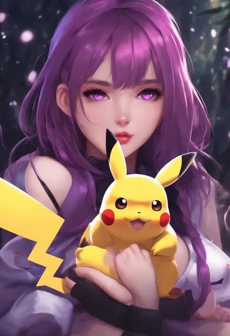 Obra maestra, La mejor calidad, 1girl, Sakura asesinada, purple hair, purple eyes, senos grandes, pikachu girl, pokeball, sexy, erotic, oil, 4k, highdefinition