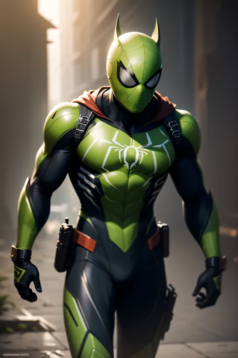 Green Spider-Man,（ Green suit），（Green helmet）（Color 6.9）（Male characters）（Full body suit） hdr, hyper HD, 6.40,000, highly  detailed, professional photoshooting：Sergio Nogueira, trending on artstationh, unreal-engine, Vivid colors, High-resolution scanning，...