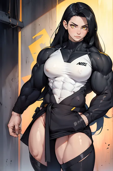 (((((((1 girl))))))), black hair, yellow eyes, very long hair, ((((((muscular)))))), tall, pale skin, (solo), (seductive expression), tight clothes