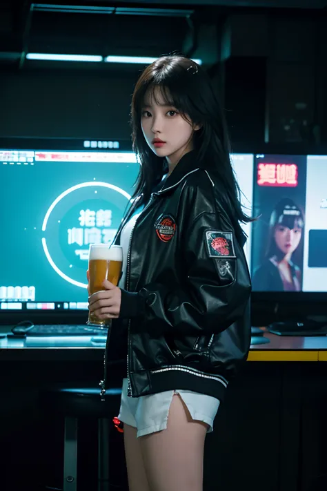 there is a woman standing in a room with a glass of beer, sun yunjoo, lofi girl, bae suzy, iu lee ji-eun as a super villain, wearing cyberpunk streetwear, wearing cyberpunk 2 0 7 7 jacket, e-girl, e - girl, promo still, she is wearing streetwear, 8 0 s asi...