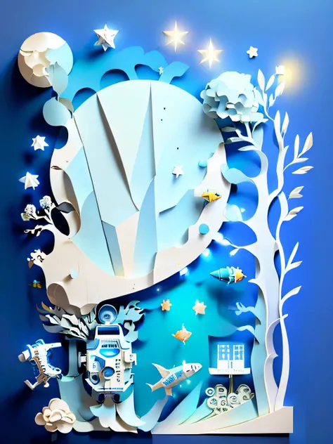 ((Masterpiece))), Best Quality, Light Blue Illustration, ((Astronaut)), Starry Sky, paper_cut, (White Background: 1.1)