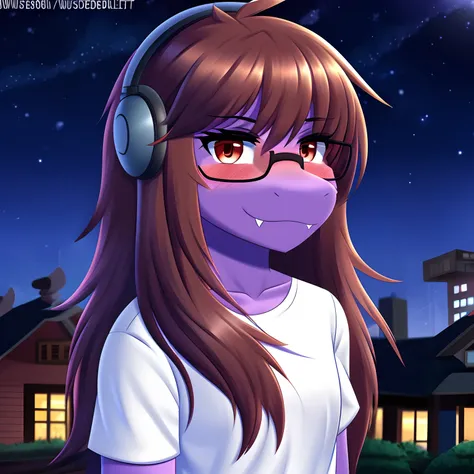 Susie from Deltarune, solo, ((professional art made by twistedscarlett60)), purple body, fangs, brown hair, messy hair, smile, blush, glasses, ((white shirt:1.0)), ((black shorts:0.9)), short sleeves, smirk, headphones, smug eyes, ((smug:0.8)), portrait, b...