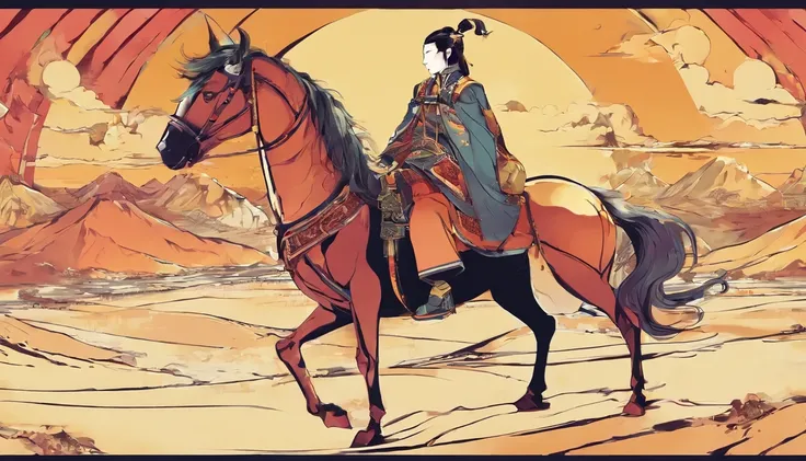 A desert，Chinese Ancient Times，Mature male，Sand，ride horse，Turn Back，k hd，quadratic element