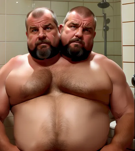 photo of 2heads, musclegut, older male, masculine, fat, old, shirtless, close up, hairy, white skin, two headed, bathroom mirror background, frowning, grunting, boxers, long hair, beard, mustache, sweaty, white hair, old