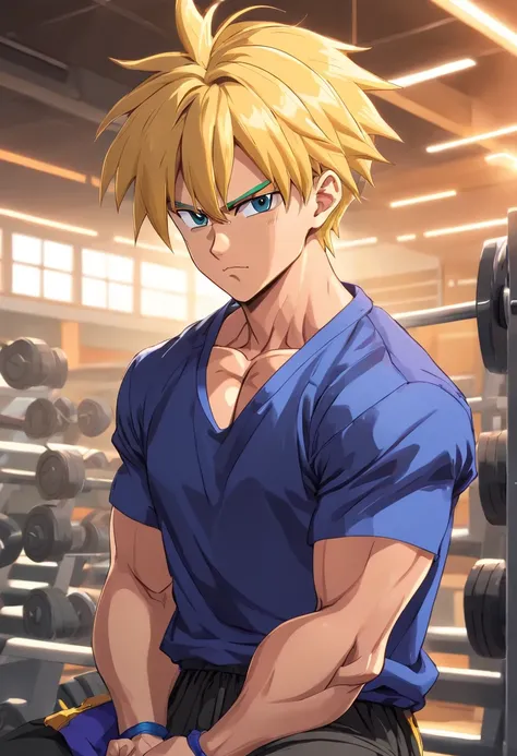 Trunks, anime, Dragon ball z, masculino, training intensely in a bodybuilding gym, expression serious, Well-defined and detailed muscles