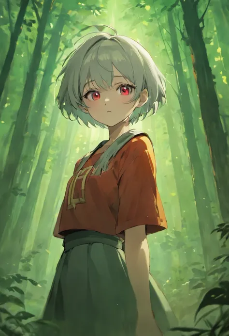 1girl, beautiful girl, short silver hair, forest setting, badass, mature, comma hair, comma hair on forehead, dark, glowing red eyes, looking at viewer, upper body, t-shirt cropped, low-rise skirt, Best quality, spectacular, bust up