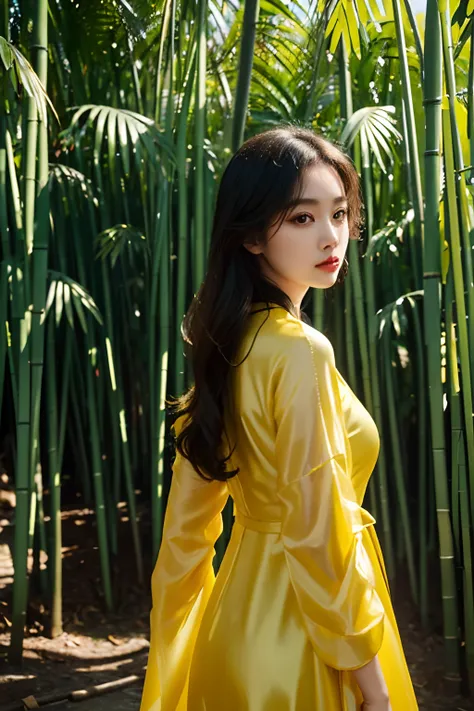 a close up of a woman in a black dress standing near a bamboo tree, with yellow cloths, yellow and black, inspired by Huang Ji, ruan jia beautiful!, black and yellow, dang my linh, inspired by Yang J, wearing a yellow dress, lady using yellow dress, wavy h...