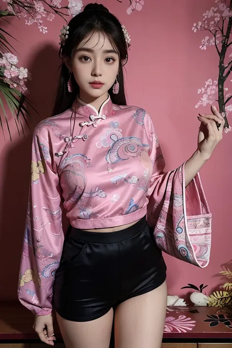 araffe woman in a pink top and black shorts posing for a picture, gorgeous lady, 1970s hippie cloth style, traditional chinese clothing, paisley, traditional, h 576, sha xi, boho chic | | very anime!!!, japanese clothes, vibrant aesthetic, wearing beautifu...