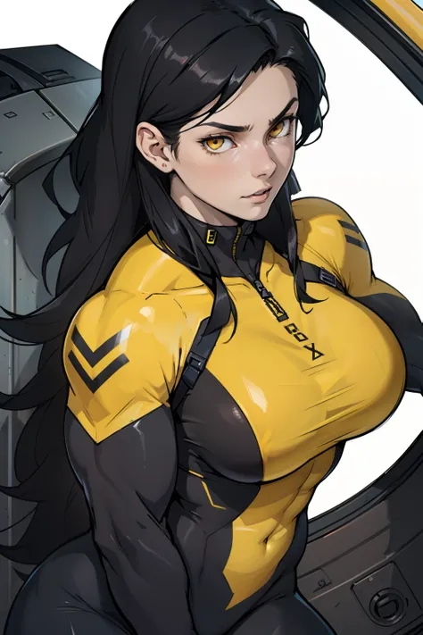 1 girl, black hair, yellow eyes, very long hair, pale skin, ((((extremely muscular)))), large breasts, (confident expression), pilot suit, (close up)