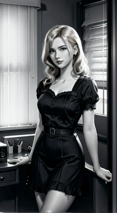 Black and white photo of young Roxie Cipher with 1950s blonde hair, Wear a vintage dress from the 1950s, Dark Office, Slatted blinds, Femme fatale in film noir, Robert Theodmack, Cinematic lighting, Atmospheric, Nostalgic, 35mm, Depth of field