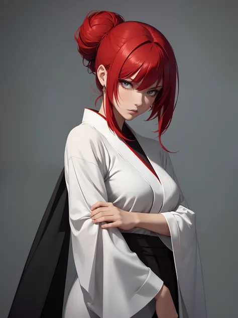 Furious Female Kung fu fighter, red hair, bun hair, straight hair, magic hands, makeup, mascara, Lips are subdued or  colors, Minimalism, simple color palettes, Clean, sharp designs, flowing silhouettes, Tight kimono and pants, high-waisted kimono and pant...