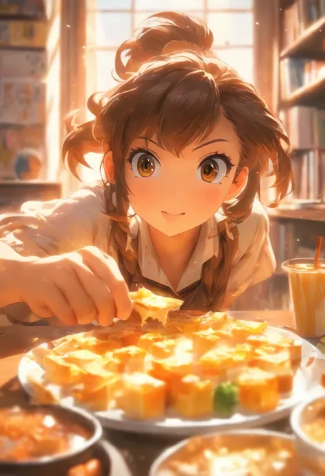 foreshortening,  Depth of field, Masterpiece, Best quality, 1girll, Brown hair, Brown eyes, Dappled sunlight, office，eating breakfast